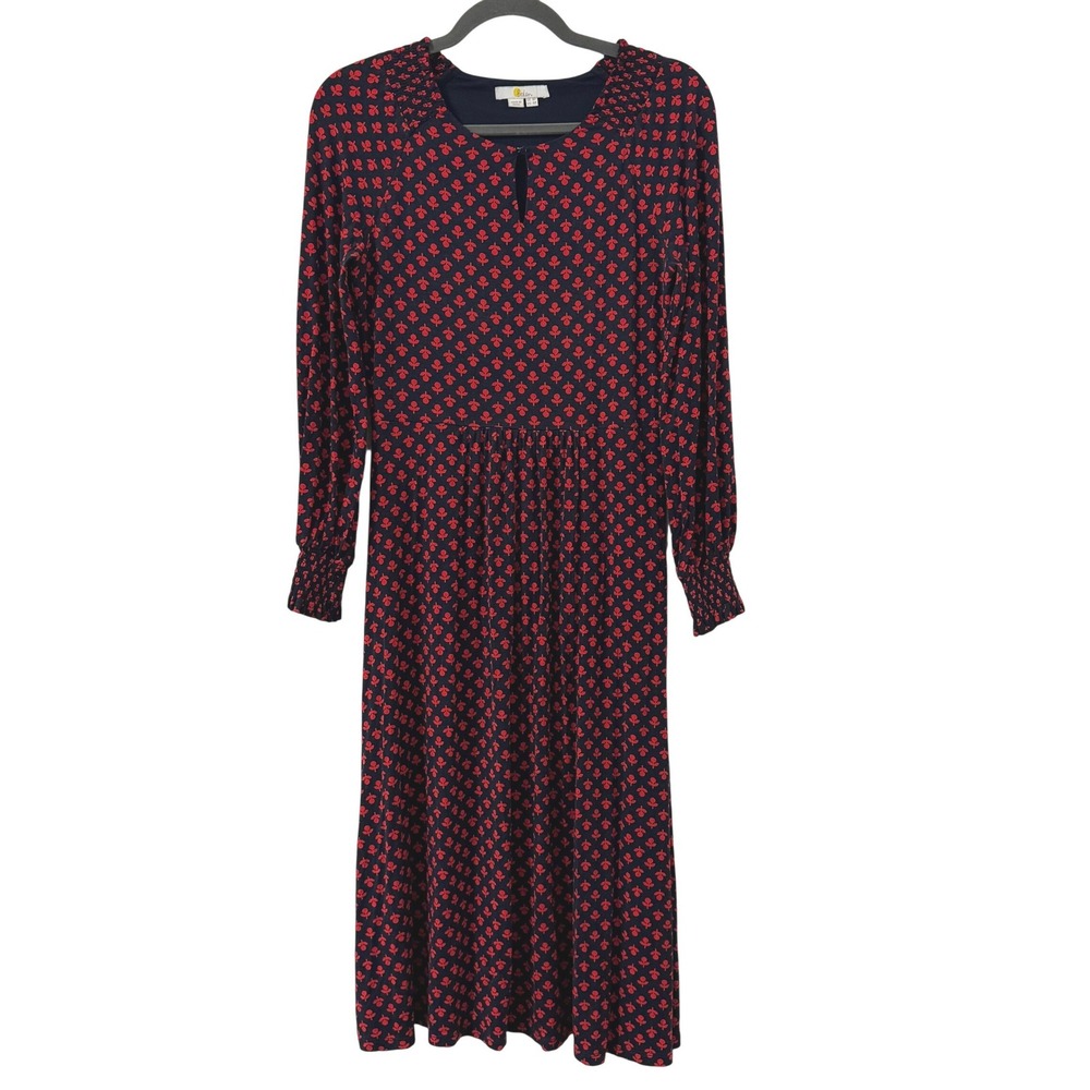 Boden Midi Dress US 4P Navy Red Floral Keyhole Long Sleeve‎ Smocked Modest Chic